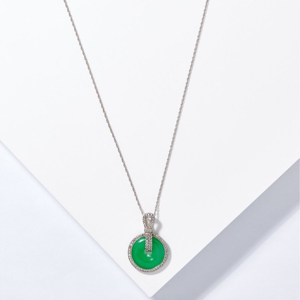 NEW Roz Kwan Dyed Green Jade Pendant Donut Shape With White Topaz With Chain